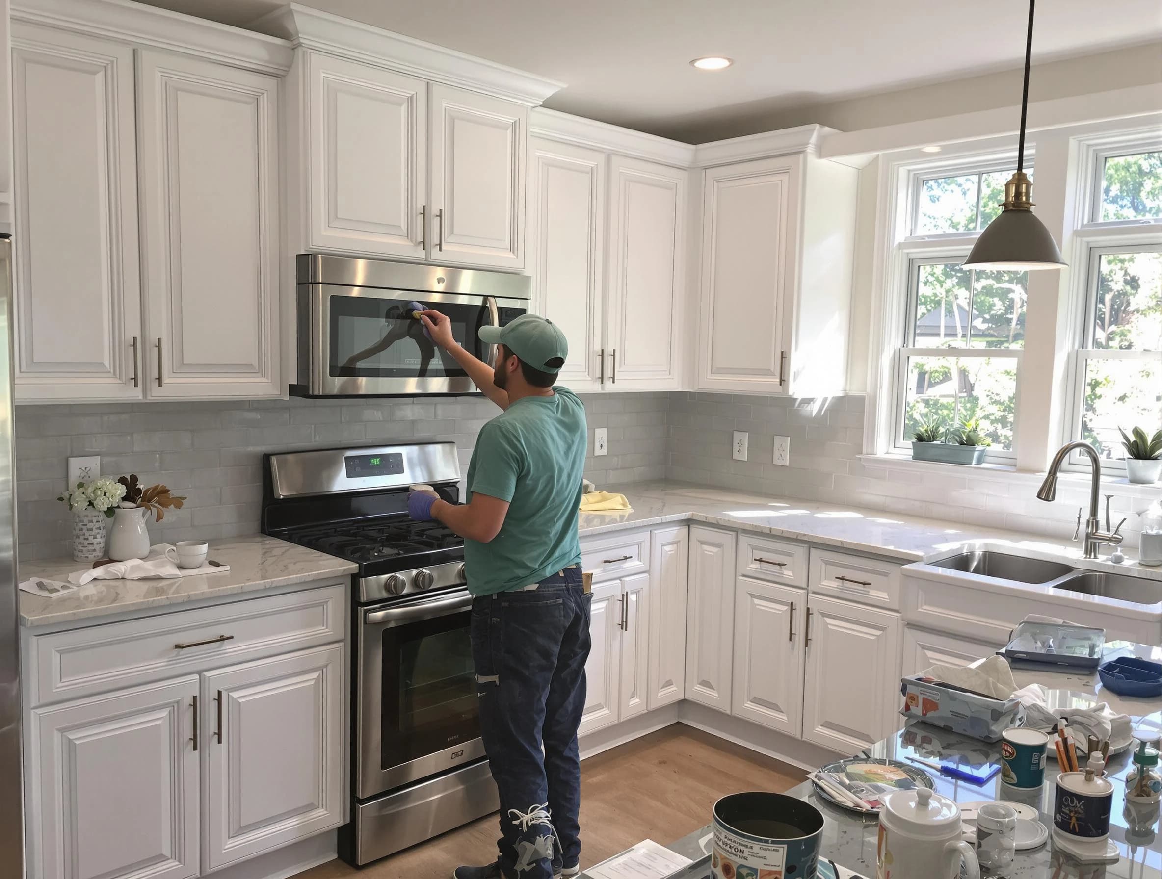 Kitchen cabinets being refinished by Strongsville House Painters in Strongsville, OH