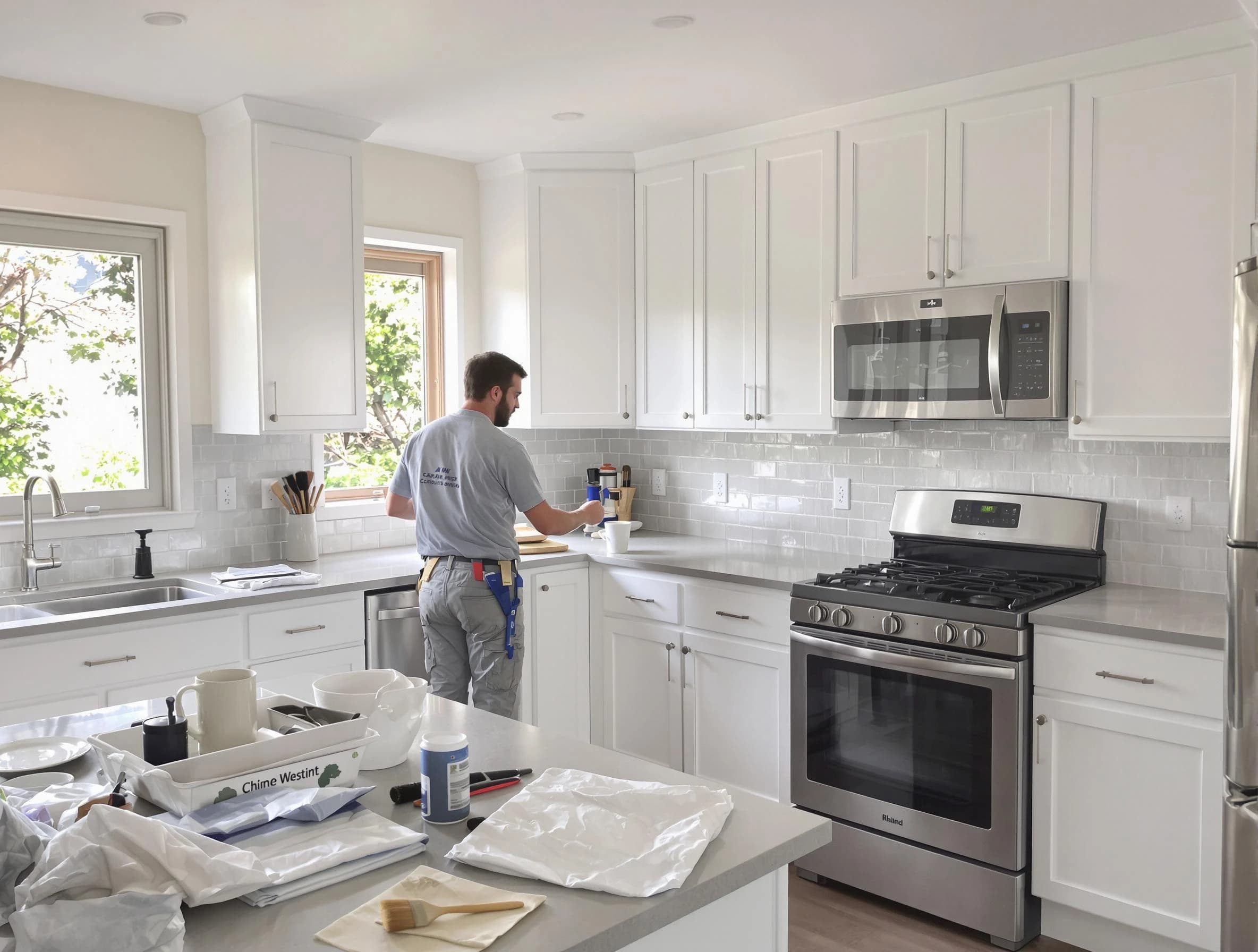 Strongsville House Painters applying fresh paint on kitchen cabinets in Strongsville