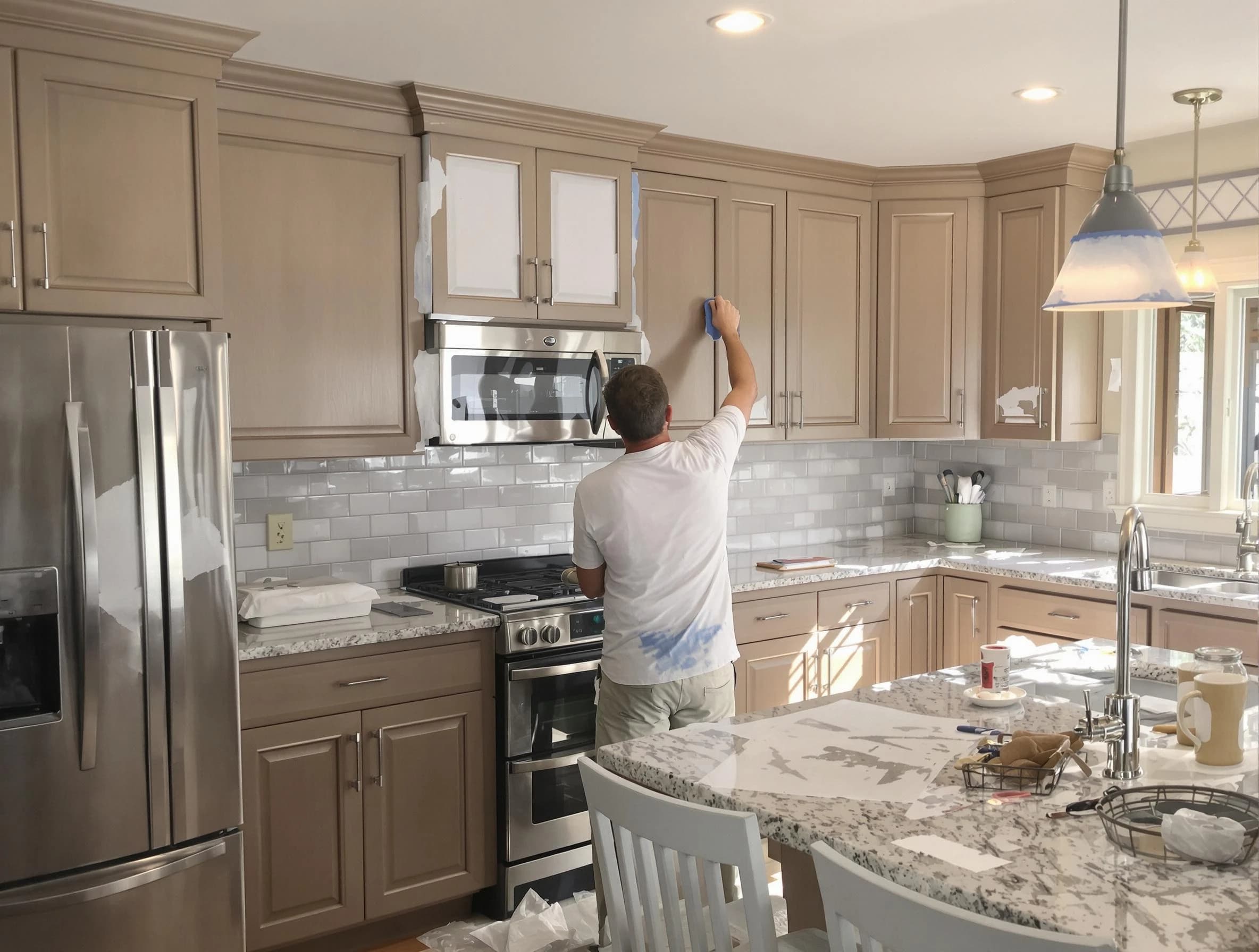 Before-and-after view of kitchen painting by Strongsville House Painters in Strongsville